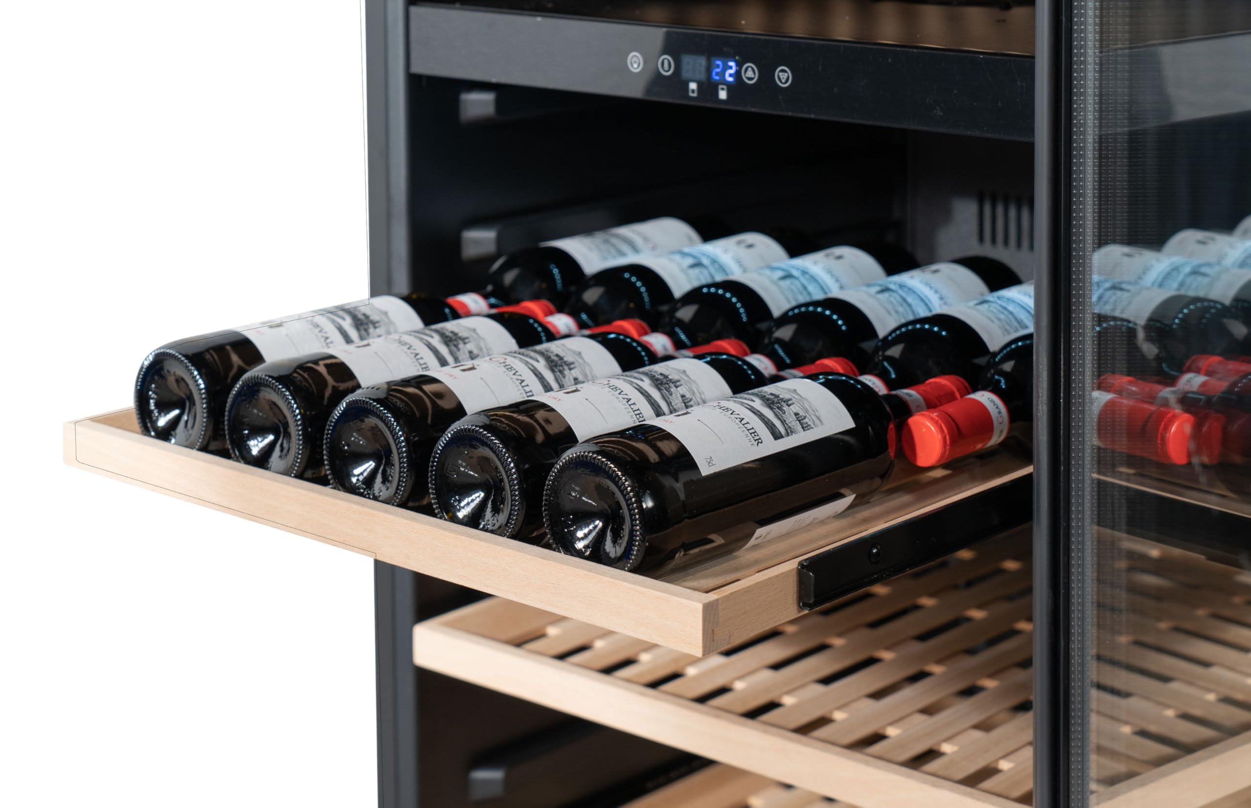 METRO Professional Vinoteca GWC1171D, acero inoxidable/vidrio, 8 estantes de madera, termostato digital, para 171 botellas de vino, con cerradura, negro/plateado