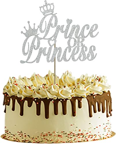 Decoración de pastel de príncipe o princesa para revelación de género de niño o niña, decoración de pastel de baby shower, purpurina plateada de