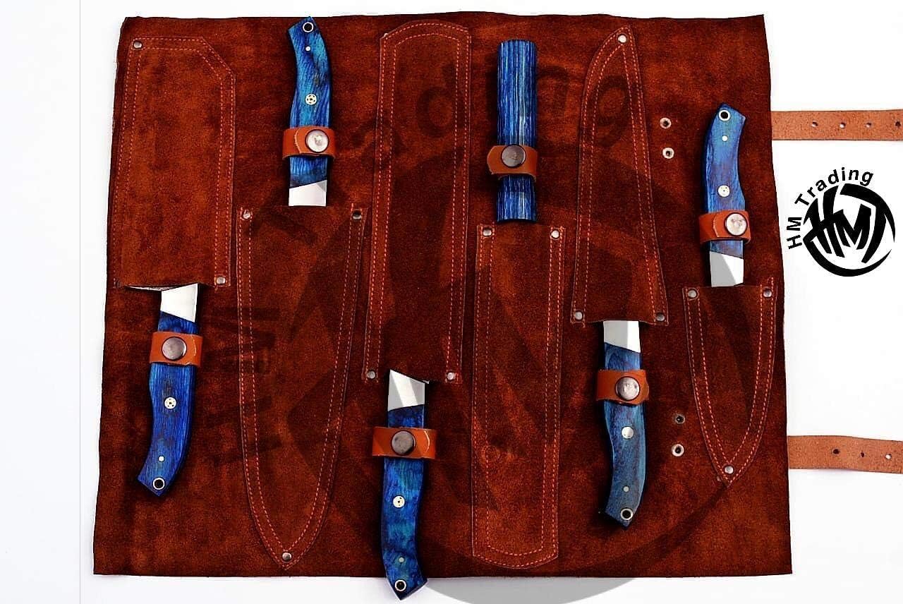 Custom Made Damascus Steel #6 Pcs of Professional Utility Kitchen knives Set Comes with Sweet Leather Roll Kit (3712) (Blue Pakkawood)