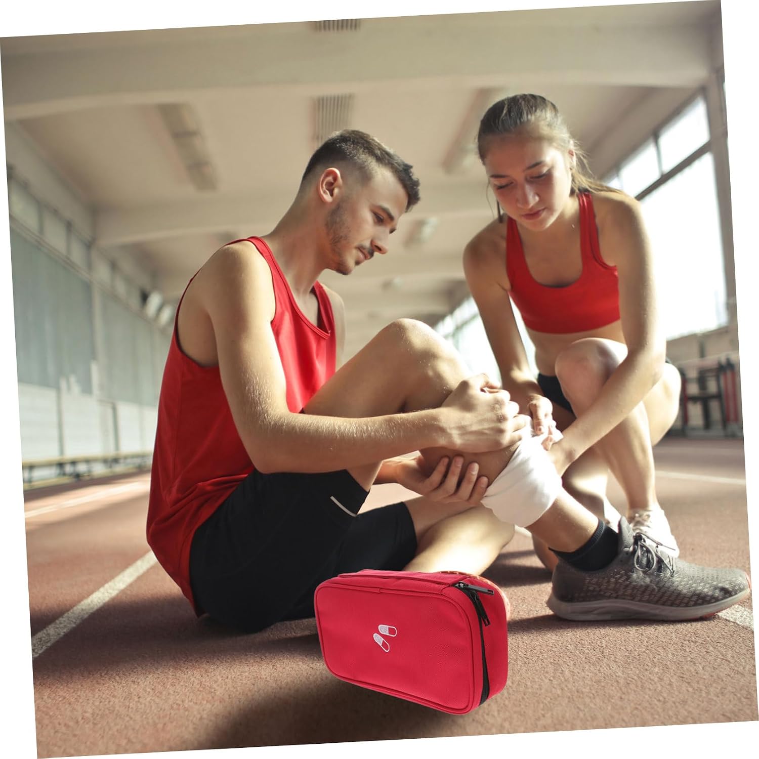 Portable First Aid Bag with Handle, Oxford Polyester | Mesh Pockets, Wear-Resistant Storage, Red Classic Cross Pattern, Easy Carry for Workplace and Home Use