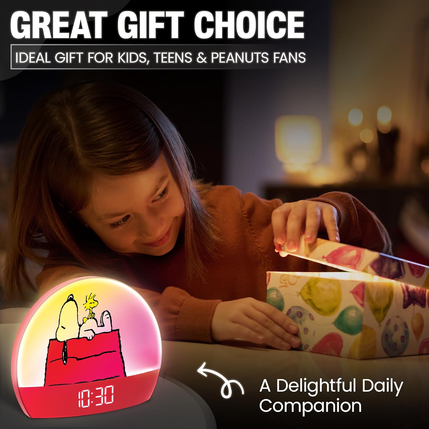 Peanuts Snoopy Sunrise Alarm Clock – Vibrant Snoopy Edition with Multicolor Lights, USB Charging, LED Display, Gentle Wake-Up Simulation, and Handy Snooze Function, Red