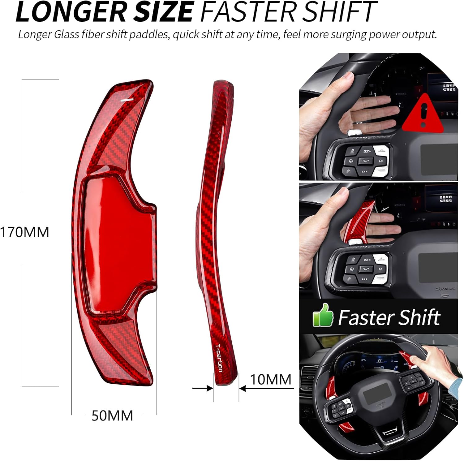 T-carbon Paddle Shifter Extensions Fits Mustang GT Ecoboost 2025; Real Glass Fiber Steering Wheel Paddles Shift Cover Trim Fits Mustang Dark Horse Mach-E 2023 2024 Gear Shift Accessories Glossy RED