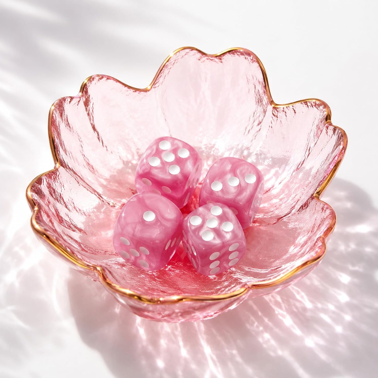 Mahjong Dice Dish with 4 Pink Swirl Mahjong Dice, Cherry Blossom Glass Tray | Glass Dice Holder, Pink Swirl Finish Dice, 4 Matching 16 mm Dice, Elevates Your Mahjong Table, Keeps Dice Organized