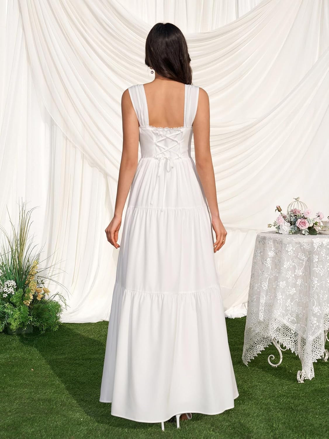 KUTUMAI Floral Maxi Long Dress Lace Up Square Neck Flowy Summer Wedding Guest Dresses for Women 2026