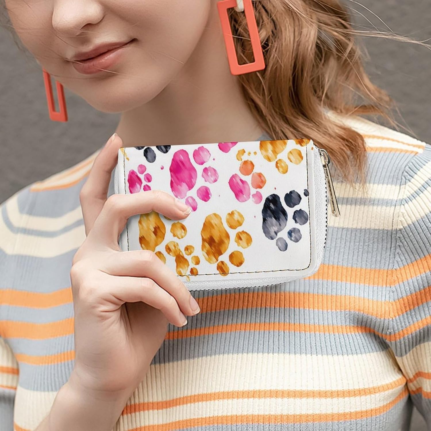 Leather Card Organizer Case Card Wallet Credit Card Holder Colorful Dog Paws Printed Zipper Card Cases Holder for Women Men