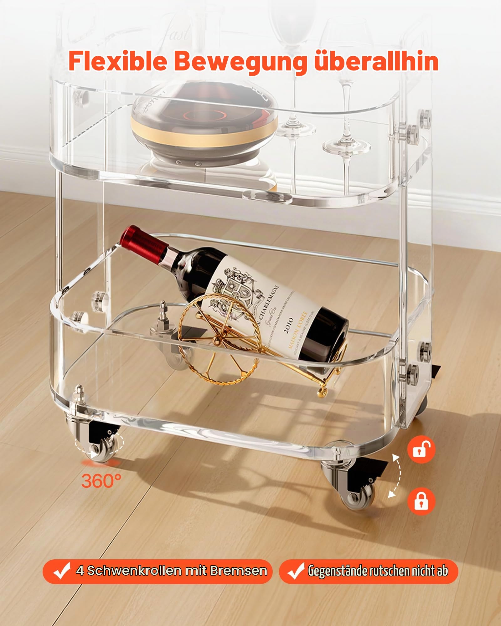VEVOR Rollwagen Servierwagen 2-stufiger mobiler Beistellwagen, moderner rollender Acrylwagen mit Stauraum, transparenter Nachtwagen als Beistelltisch, für Wohnzimmer Schlafzimmer Bar Büro