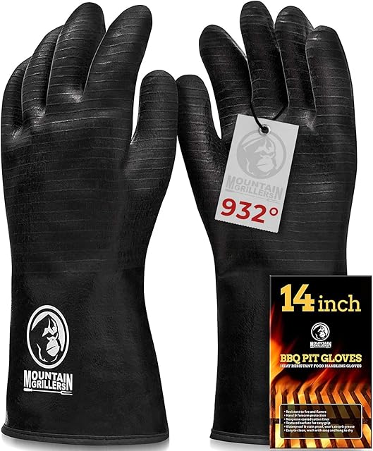 Mountain Grillers Extreme Heat Resistant Gloves for Grill BBQ High Temperature Fire Pit Gloves Barbecue Cooking, Smoker, Oven, Fryer Grilling Waterproof, Fireproof Oil Resistant Neoprene Coating 14in