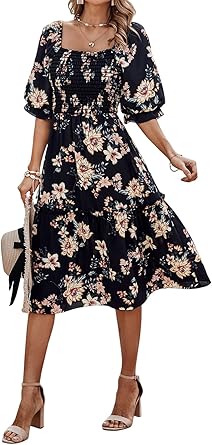 PRETTYGARDEN Women's Summer Casual Dresses 2026 Spring Puff Sleeve Square Neck A Line Flowy Boho Floral Smocked Midi Dress