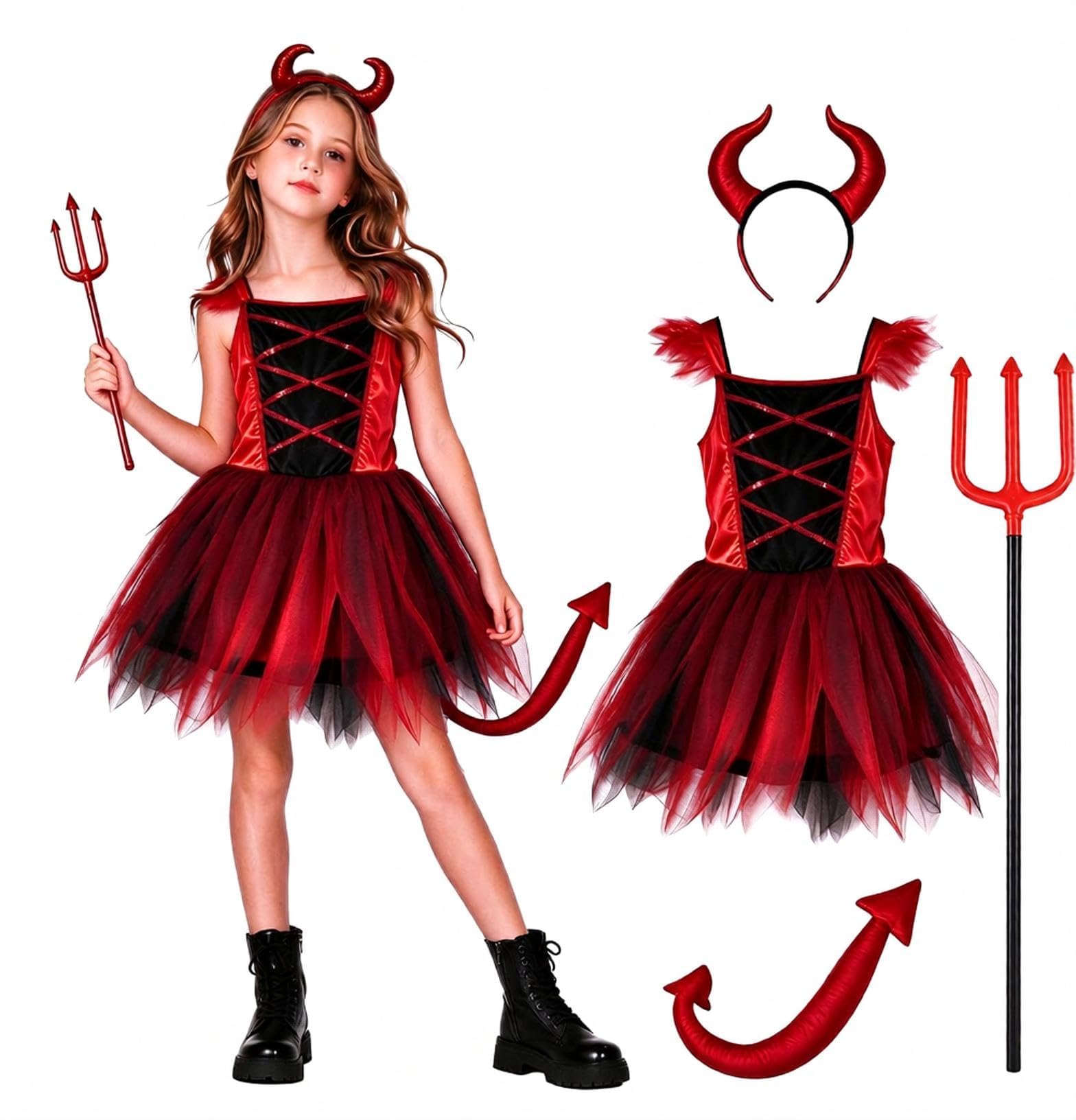Girls Devil Costume Halloween, Devil Fancy Dress Costume With Red Dress, Horn Headband & Trident, Kids Halloween Party Outfit For Girls, 3-12 Years