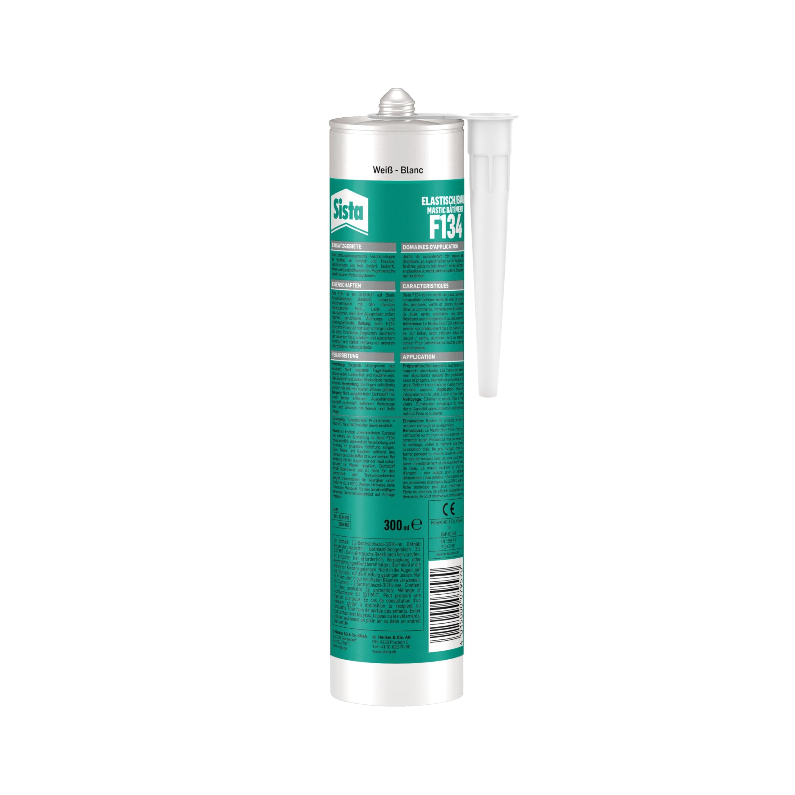 Sista F134 Elastisch/Bau, elastischer Acrylat-Dichtstoff für stark dehnungsbeanspruchte Anschlussfugen im Hochbau und an Wärmedämm-Verbundsystemen, weiß, 6x 300ml