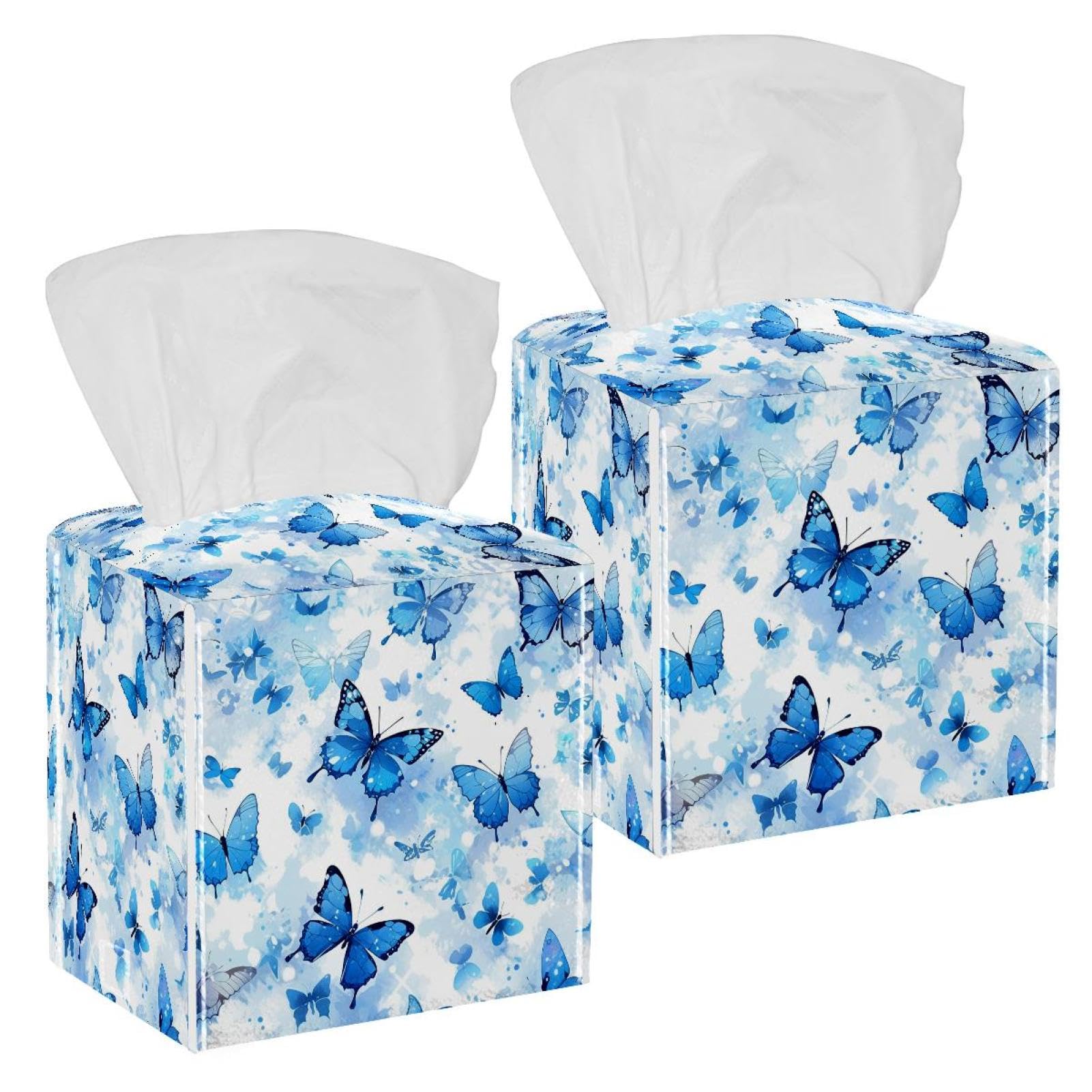 Aesthetic Butterfly Tissue Box Cover, 2 Pack PU Leather Square Facial Tissue Dispenser Box holder for Home Office Car