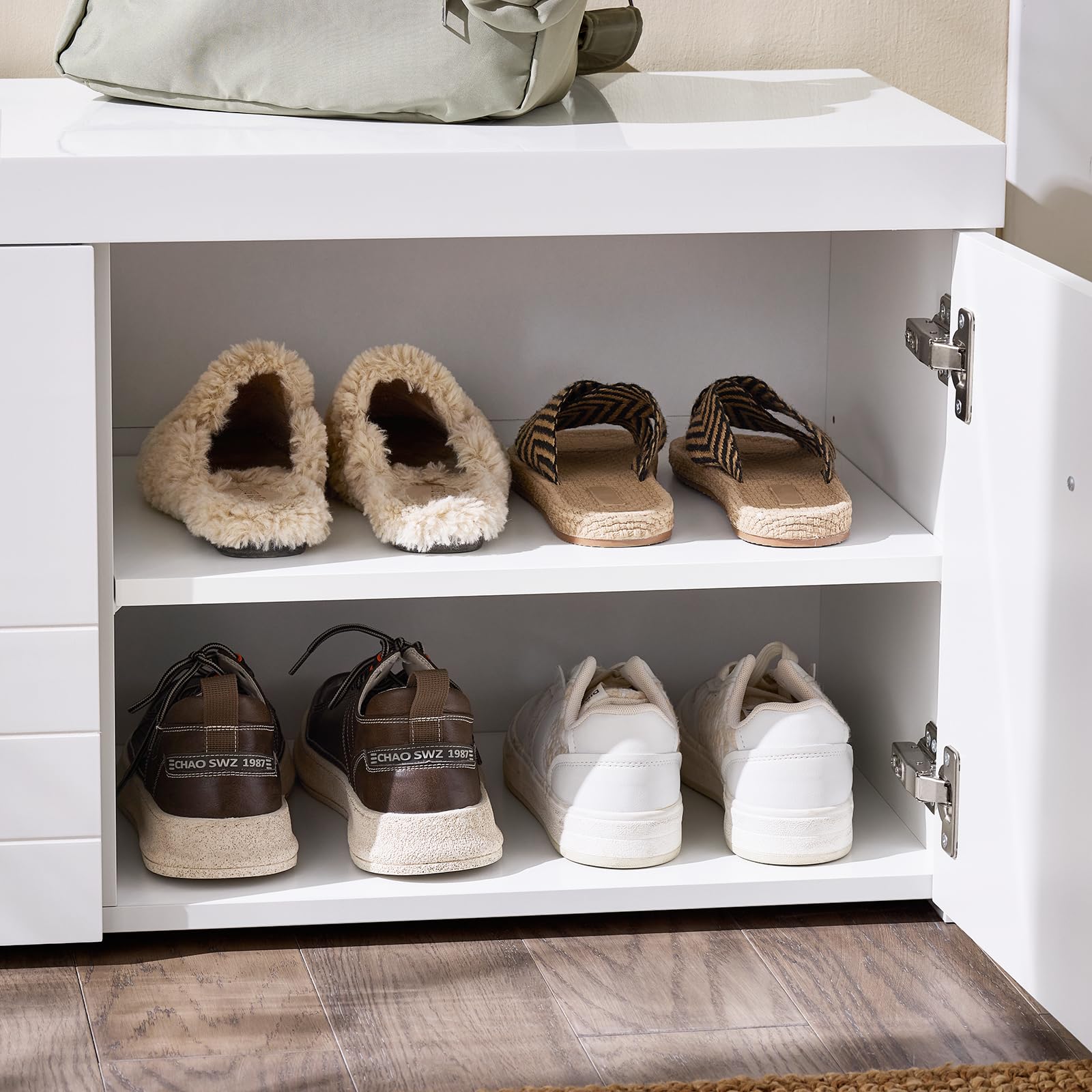 Banc Rangement Chaussures Avec Siège - Meuble Entrée 90x34x47 Cm - MDF & Bambou - Blanc, Gris, Noir