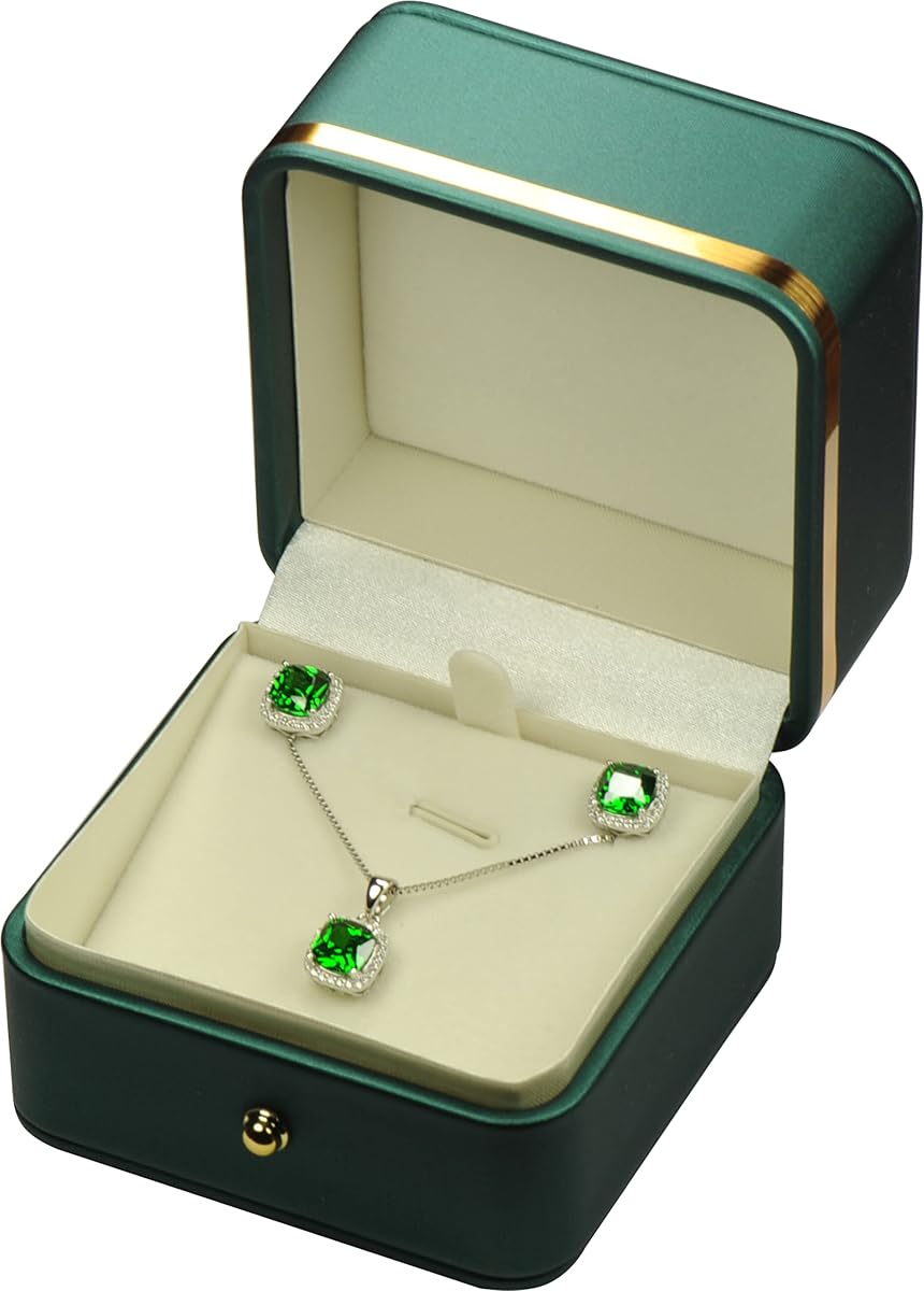 Green Color Necklace Earring Jewelry Set Gift Box Soft Touch PU Leather | Premium Pendant Chain Earrings Sets Storage Holder Box with Elegant Gold Trim and Gold Button Design for wedding engagement