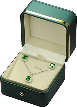 Green Color Necklace Earring Set Jewelry Gift Box Luxury Soft Touch Premium PU Leather Necklace Pendant Chain Jewelry Storage Holder Box with Elegant Gold Trim and Gold Button Design