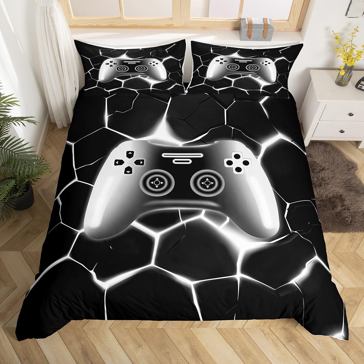Homewish Gamer Bettwäsche 155x220cm Jungen Gaming Bettbezug für Kinder Teenager,Waben Sechseck Videospiel Gamepad Bettwäscheset Schwarz Weiß Geometrisches Weich Bettset Spiele-Enthusiast Raumdekor