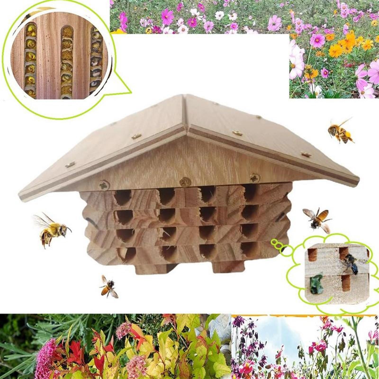 Bee House - Caja de anidación hecha a mano para habitación de abejas que atrae a los polinizadores de abejas pacíficas para mejorar las herramientas de jardín