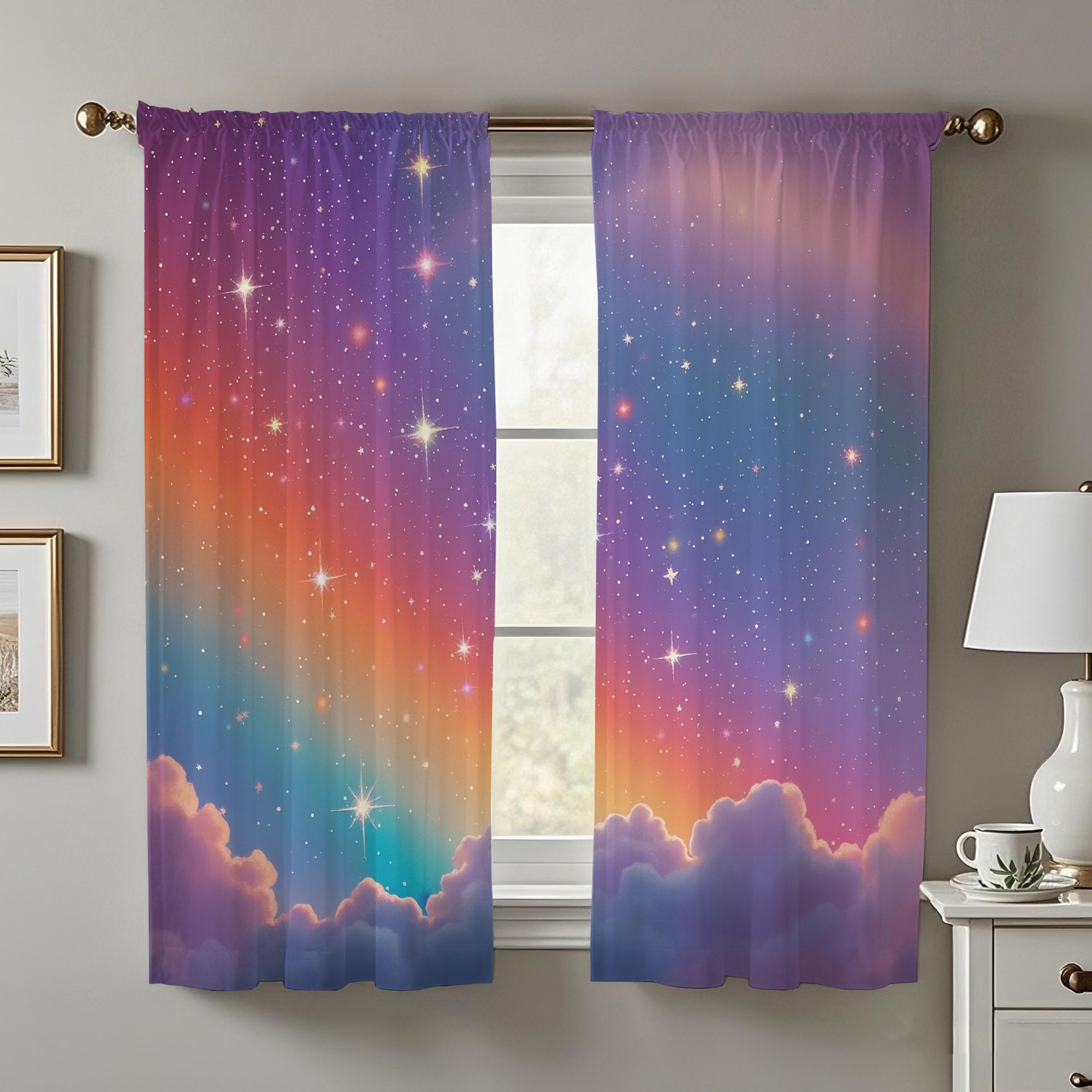 Opeoddie Colorful Pastel Rainbow Curtains Star Galaxy Clouds Kids Window Curtains for Girls Bedroom Girly Princess Small Curtains 2 Panels 29x63 Inch Window Treatment Drapes Living Room