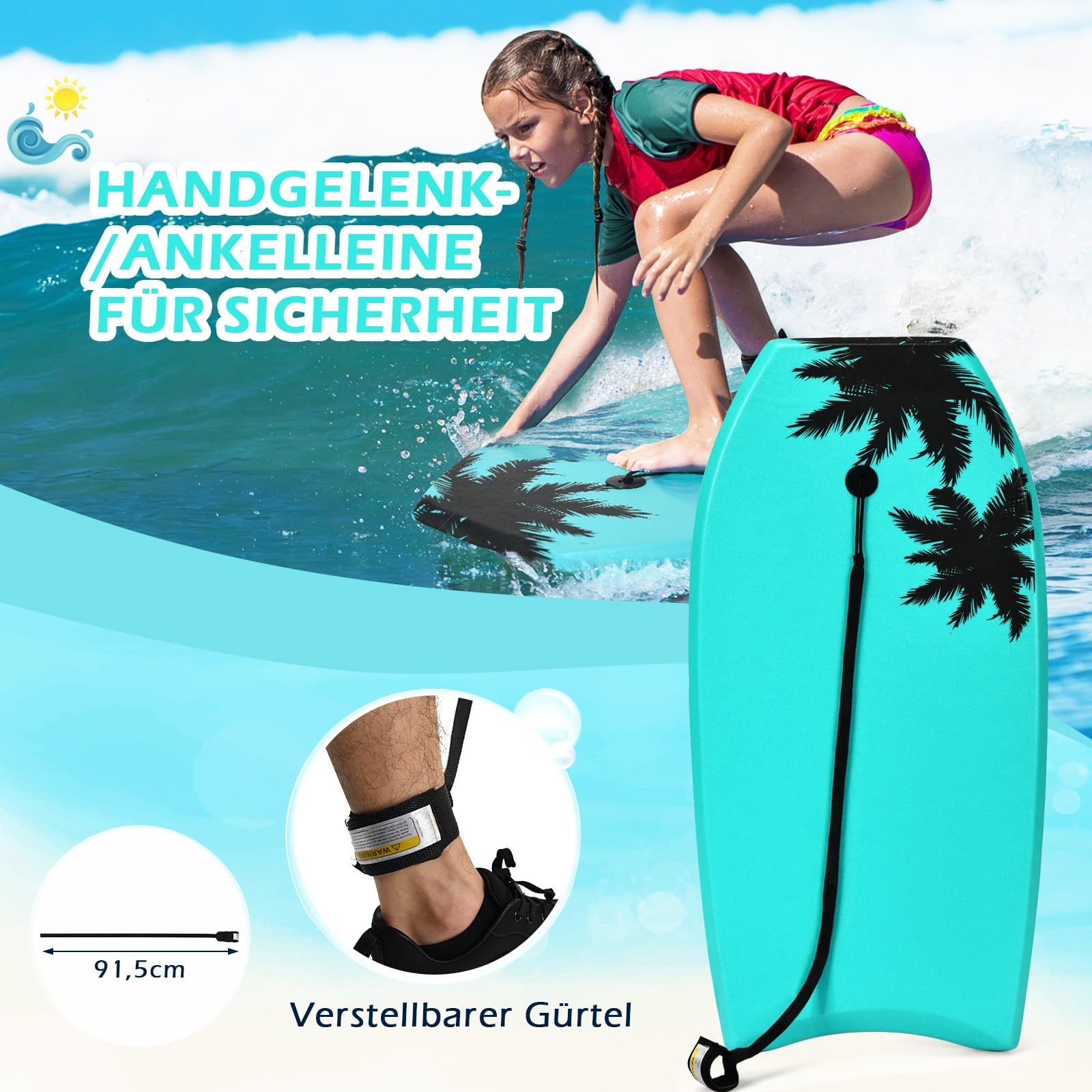 GYMAX Surfbrett Schwimmbrett mit Zugseil EPS Schaumstoff-Kern Bodyboard für Kinder Erwachsene