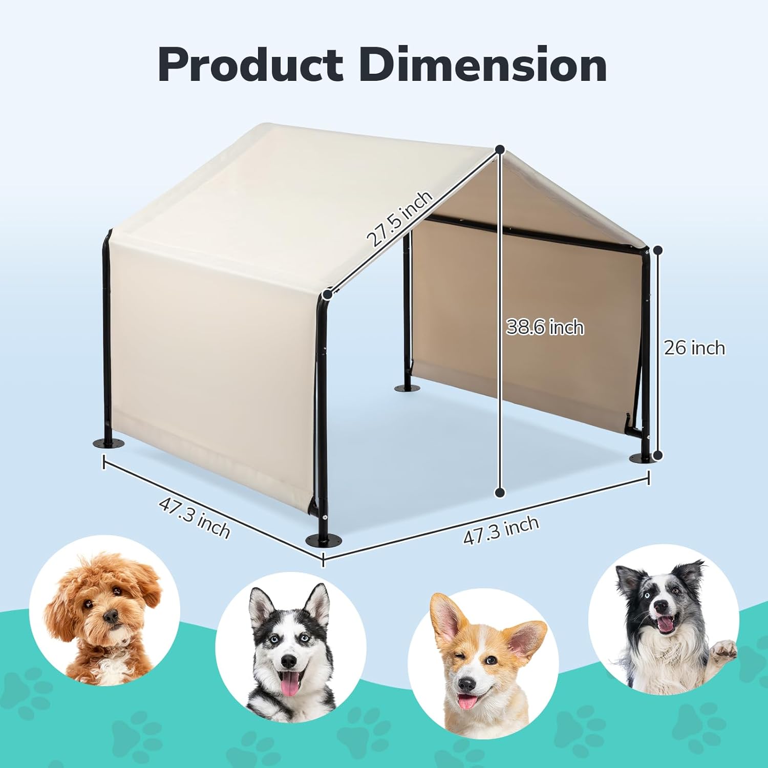 Dog Tent, 4'x4'x3' Dog Shade Shelter Outdoor Deep Grey Tent for Large Medium Dogs, Outside Sun Rain Canopy Pet House for Cats Pigs Livestock with Waterproof Roof Ground Nails,Creamy White