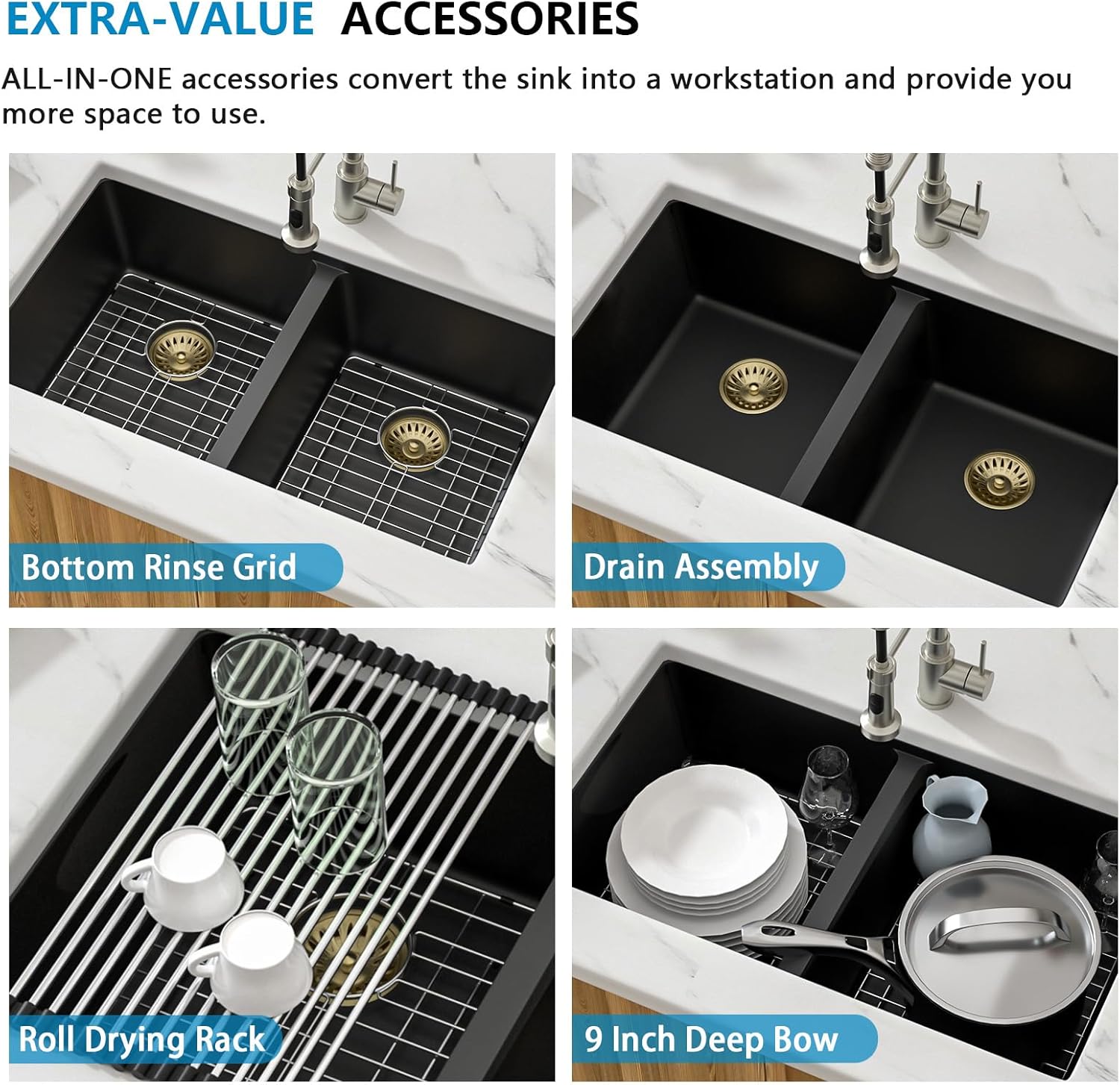 Black Double Bowl Granite Composite Kitchen Sink - 33 Inch Matte Black Kitchen Sink 50/50 Split Bowl Undermount Granite Quartz Composite Under Counter Sinks Basin