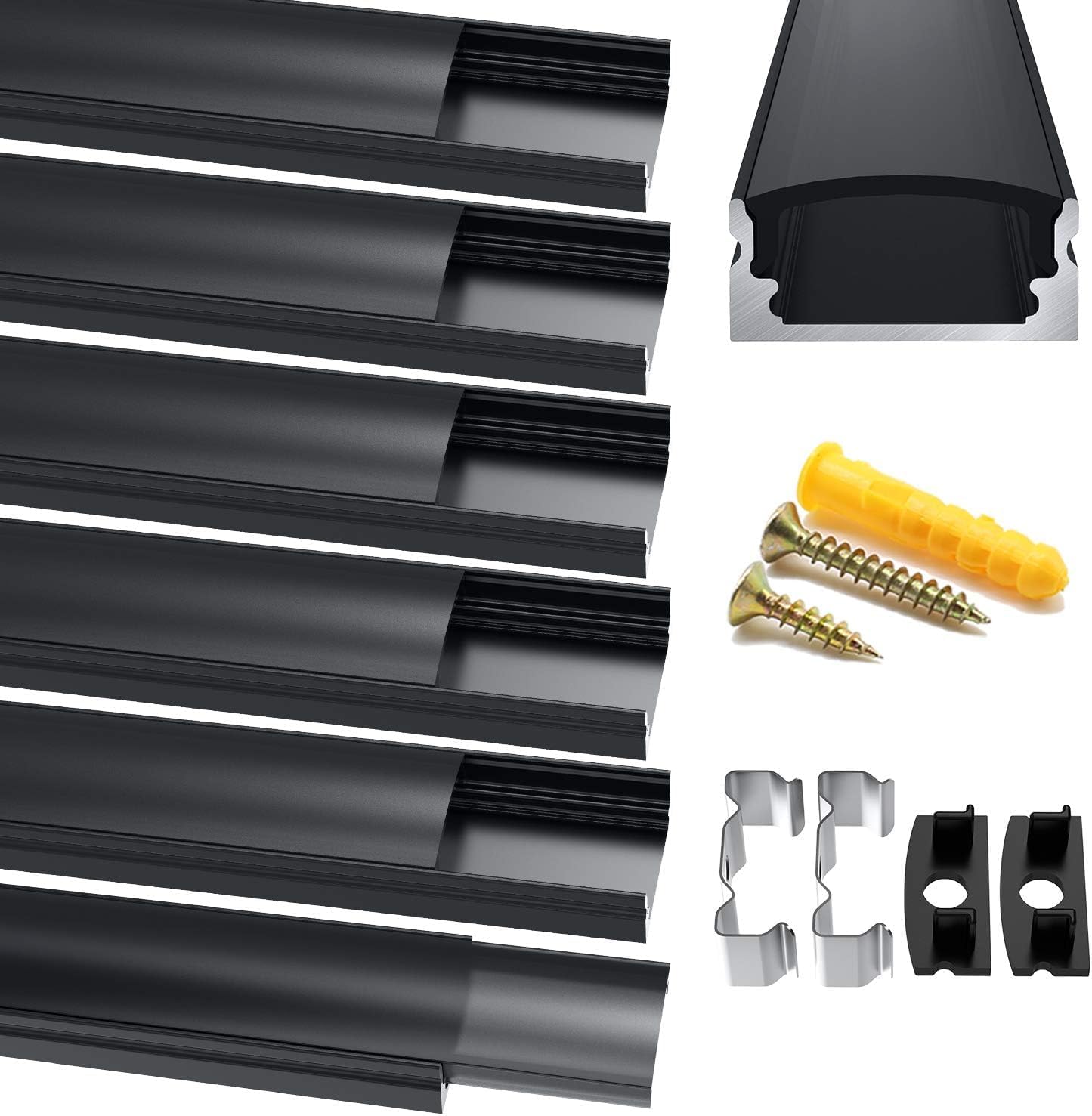 Chesbung 6X1m-U-Black Led Aluminium Profile Black, 6X1m/3.3Ft U Shape Led Aluminium Channels For 12Mm Led Strips, Led Strip Diffuser Trunking Track Aaluprofile With Black Cover, End Caps And Mounting Clips
