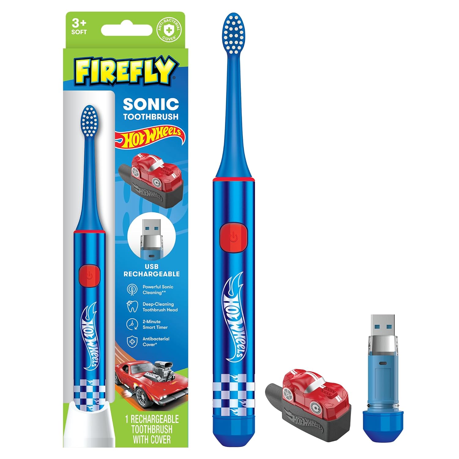 Firefly Slim Sonic Hot Wheels Toothbrush with USB Charging and Antibacterial Cover, Ages 3+, 1 Count Firefly Slim Sonic Hot Wheels Toothbrush with USB Charging and Antibacterial Cover, Ages 3+, 1 Count