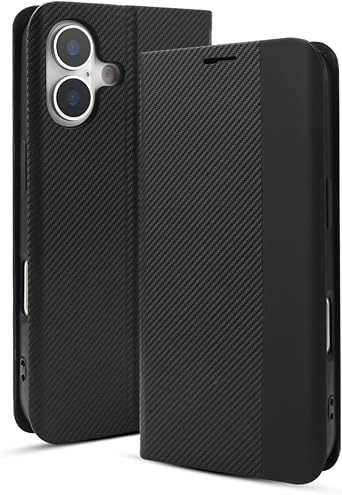 eBigValue Premium Executive Flip Wallet Case Compatible with iPhone 17 - Slim Leather Folio Cover with Card Slots Cash Pocket Magnetic Closure Viewing Stand Black Carbon Texture