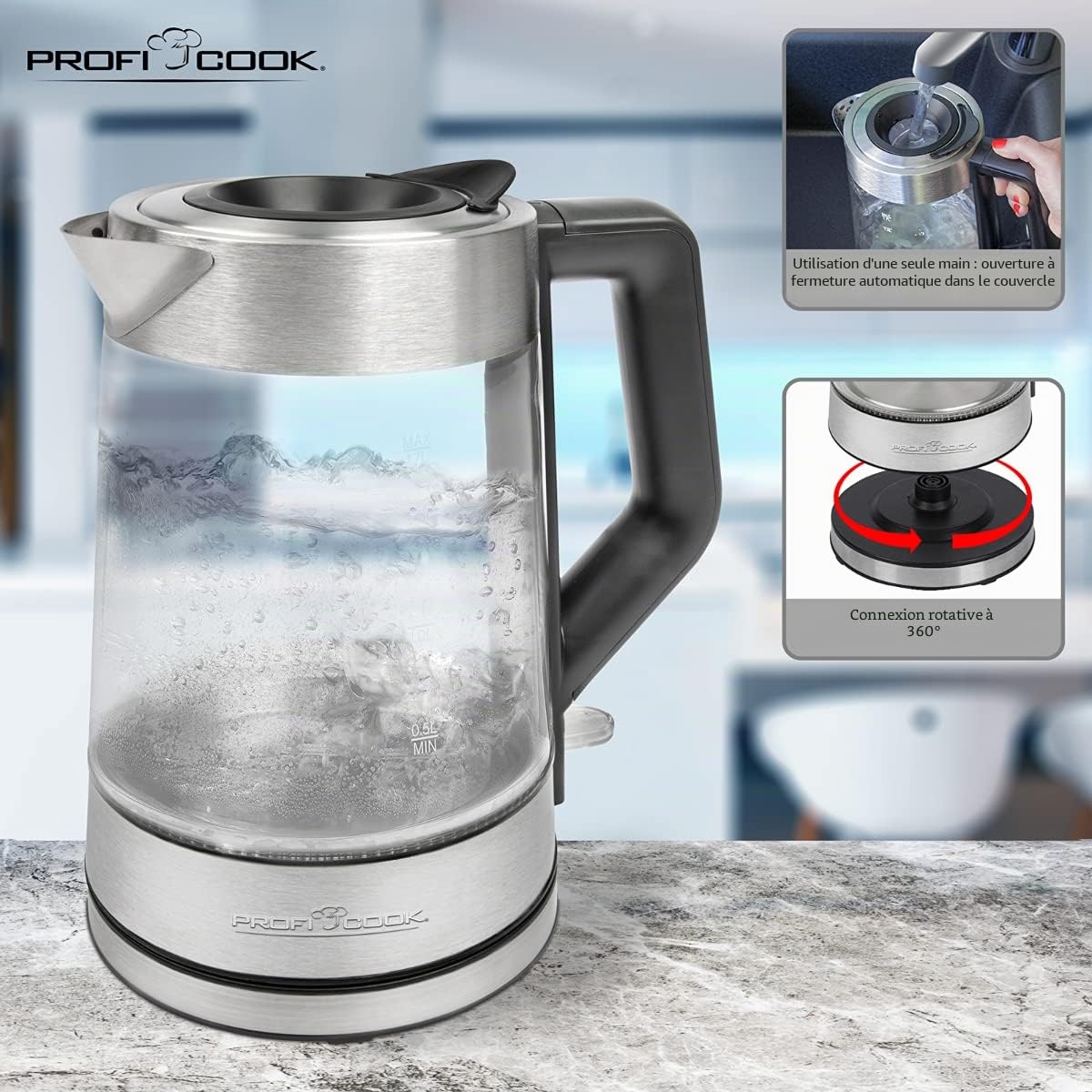 ProfiCook® Bouilloire électrique avec éclairage coloré et capacité de 1,7 litre,verre avec éclairage du réservoir d'eau en fonction de la température, Kettle avec arrêt automatique,2200W-PC-WKS 1190 G