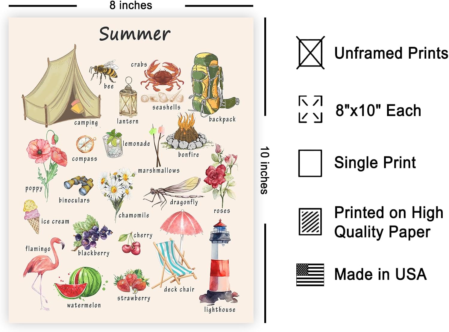 Poster Master Summer Poster - Educational Print - Learning Materials Art - Animals & Plants Art - Gift for Students & Teachers - Chic Decor for Nursery, Classroom or Playroom - 8x10 UNFRAMED Wall Art