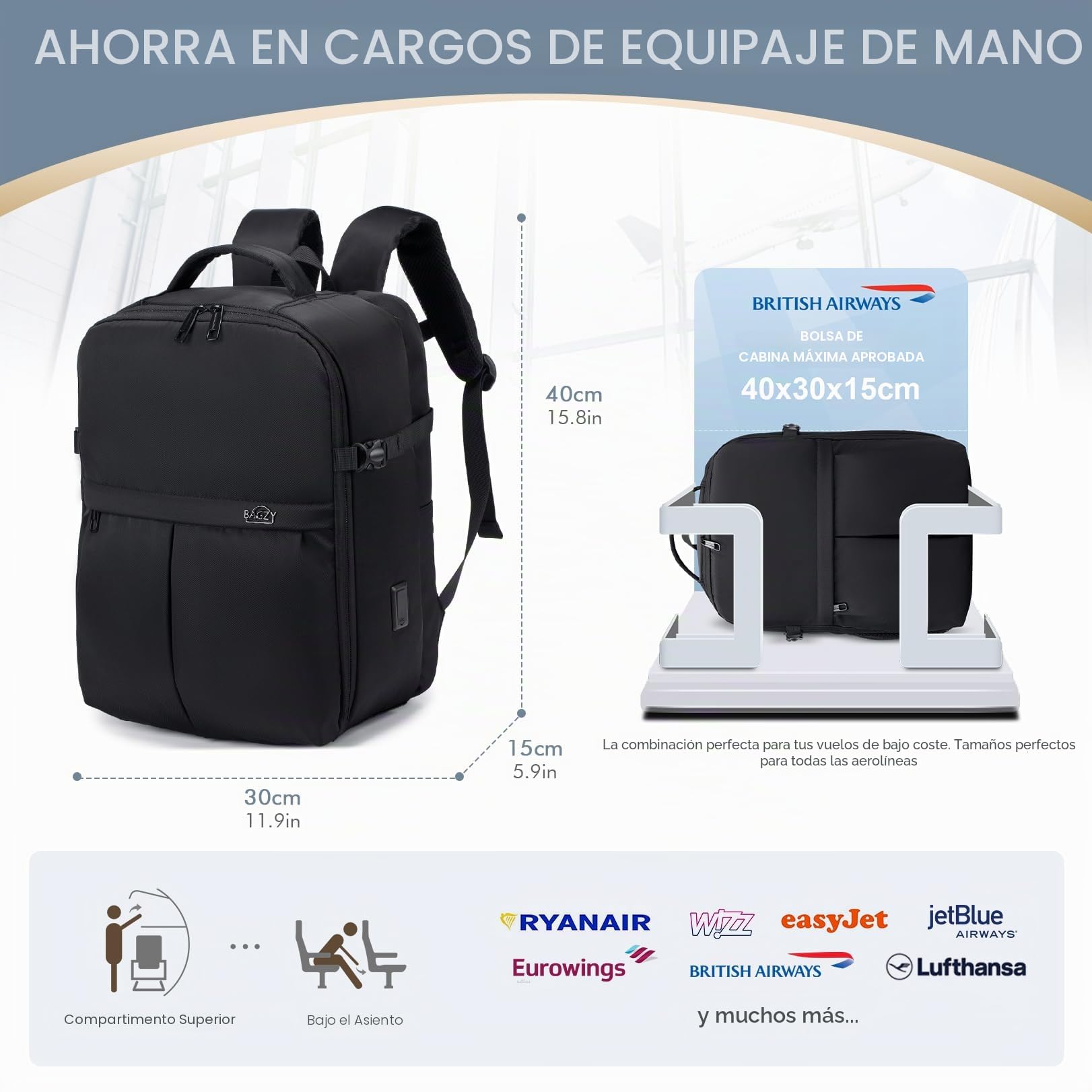 BAGZY Mochila de Viaje Cabina 40 x 20 x 30 Wizzair Hombres, Maleta Cabina Impermeable Mochila Portatil 15.6 Mochila de Viaje Cabina Maleta de Mano con Puertos USB para Trabajo, Viajes y Estudiantes