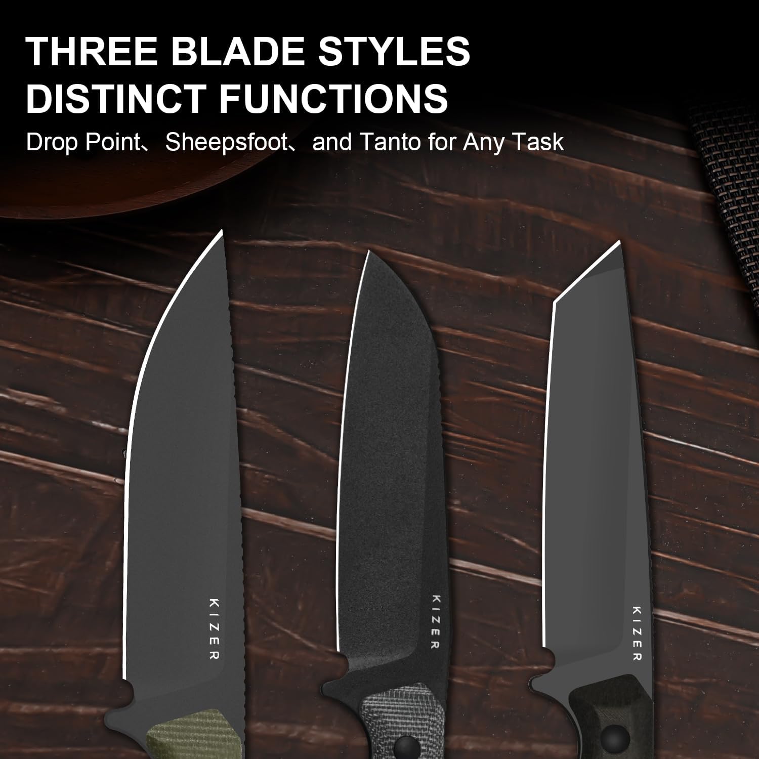 Kizer Begleiter Fix Fixed Blade Knife, 3.74" Tanto 3V Blade Hunting Knives with Kydex Sheath, Brown Richlite Handle EDC Knife for Camping Hunting Survival 1045MT1