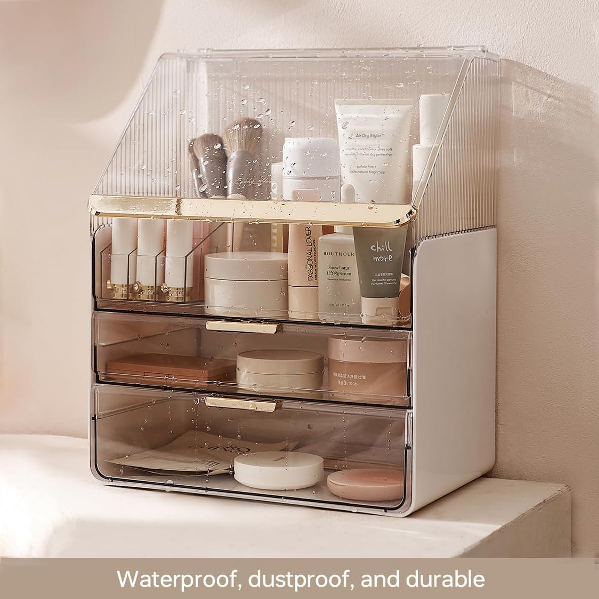Kousee Organizer per trucchi, in acrilico, XL, organizer per la cura della pelle, con cassetti, organizer per cosmetici, per bagno, tavolo da toeletta, antipolvere e impermeabile
