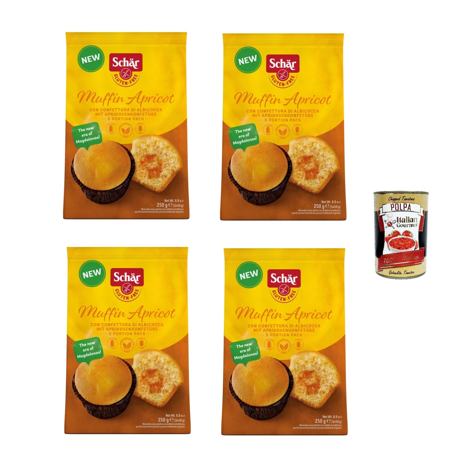 Italian Gourmet Muffin Apricot albicocca con confettura glutenfrei 4 x 250g | Dolce morbido e pratico; einzeln verpackt, ideal für Frühstück und Pausen, Gesamtnettogewicht 1 kg + Kostenlos Polpa 400g