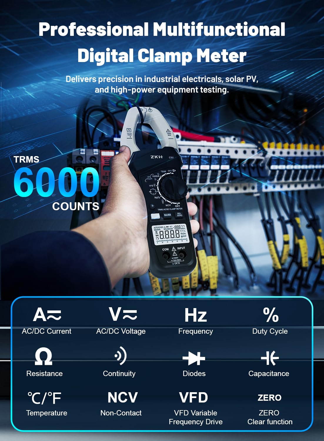 ZKH Inrush Digital Clamp Meter Multimeter, 1000A Amp Clamp Meter Voltage Tester with VFD, TRMS 6000 Counts, Measures AC/DC Current Voltage, Temp, Resistance, Capacitance, Frequency, Continuity, NCV