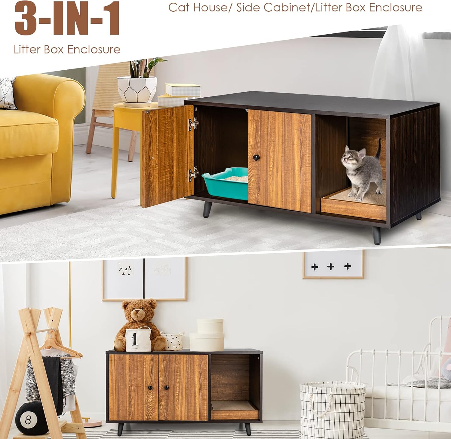 Tangkula Cat Litter Box Enclosure, Cat Washroom W/Divider, Scratching Pad, Metal Leg, Enclosed Cat Box Cabinet Pet House W/Double Doors, Litter Box Furniture Hidden for Large Cat (Walnut & Black)