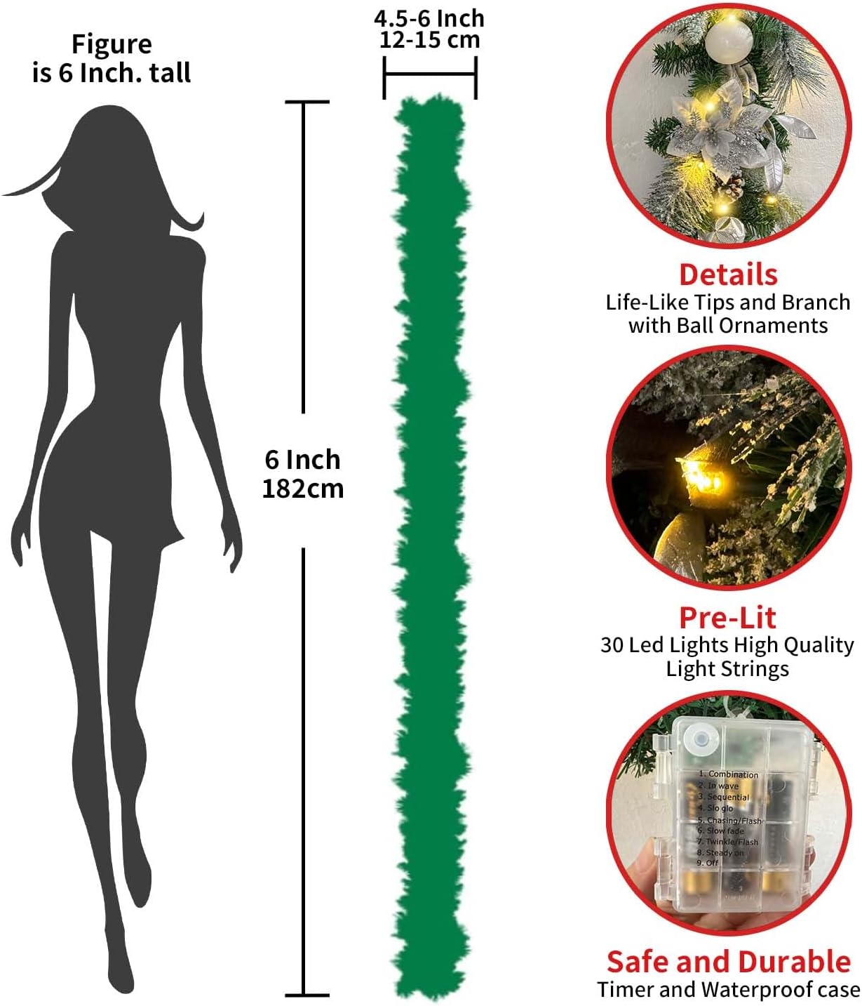 wanna-cul pre-lit 6 ft/ 72 inch christmas garland with lights for front door decor with silver white christmas ball ornaments and poinsettia flowers,battery operated 30 led lights 05-sliver white