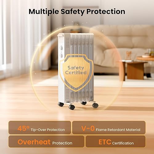 Miniatura 4 de Calentador de radiador eléctrico portátil, calentadores llenos de aceite espacial con 3 ajustes de calor, termostato ajustable, protección contra