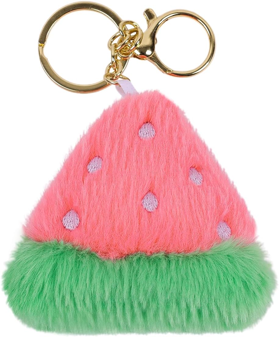 Faux Fur Watermelon Pendant Car Key Chain Cute Pom Pom Fruit Cartoon Key Ring Ball Charm for Handbag Tote Bag Decoration