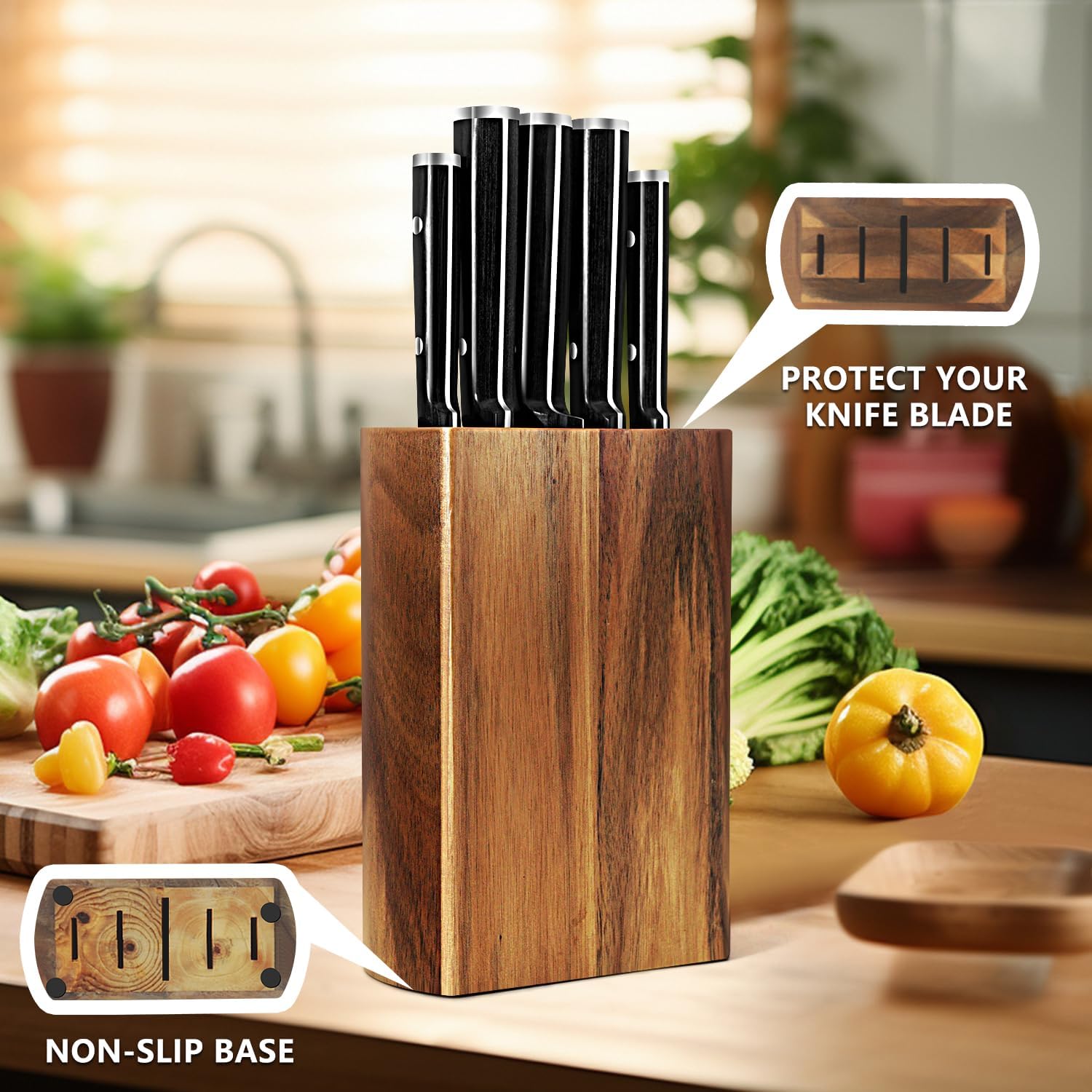 Knife Set,6-Piece Kitchen Knife for Home Use, Sharp Knife Set with Natural Acacia Wood Knife Block, Germen Steel Wood Handle Kitchen Knife Block Set, Ergonomical Design ((Ink-black))
