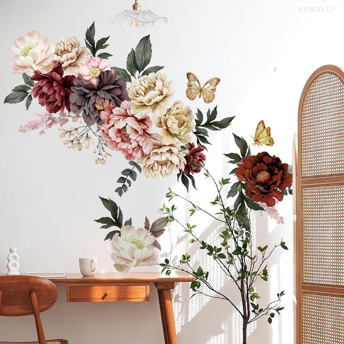 Runtoo Peony Flower Wall Decals Boho Butterfly Watercolor Floral Wall Stickers for Bedroom Living Room Bathroom Decor