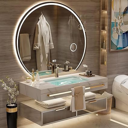 Modern Suspended Vanity with Sink, Wall-Mounted Bathroom Vanity with Quartz Countertop, No Assembly Required, Glass Included | LED Smart Demisting Mirror Cabinet, Sensor Light, Open Storage Shelves