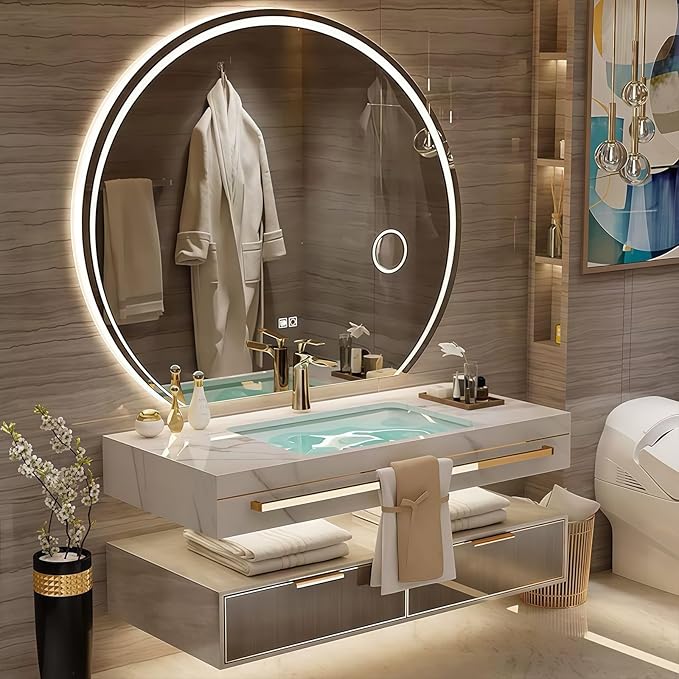 Modern Suspended Vanity with Sink, Wall-Mounted Bathroom Vanity with Quartz Countertop, No Assembly Required, Glass Included | LED Smart Demisting Mirror Cabinet, Sensor Light, Open Storage Shelves