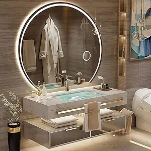 Modern Suspended Vanity with Sink, Wall-Mounted Bathroom Vanity with Quartz Countertop, No Assembly Required, Glass Included | LED Smart Demisting Mirror Cabinet, Sensor Light, Open Storage Shelves