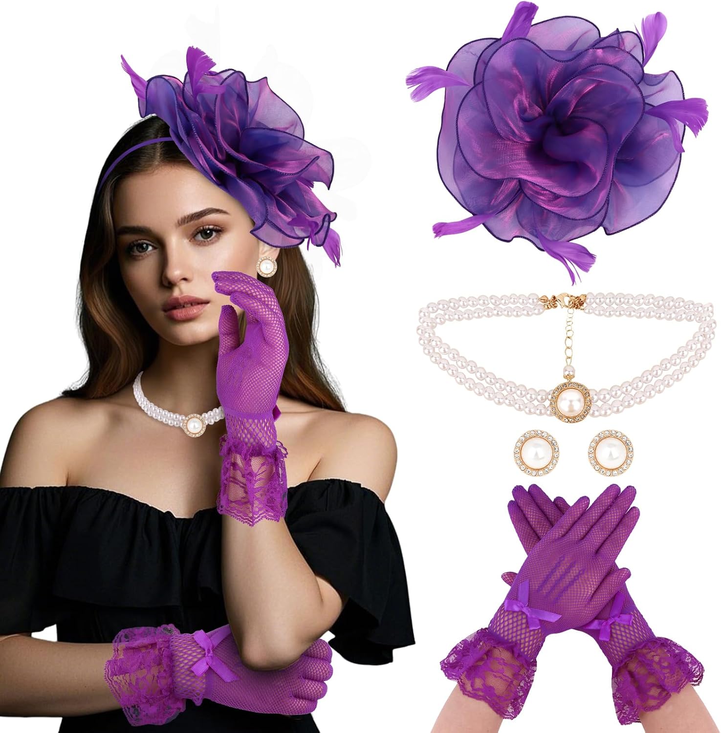 CURASA 4PCS Fascinators Hat for Women Flower Tea Party with Lace Gloves Pearl Necklace Earrings Feather Derby Hat