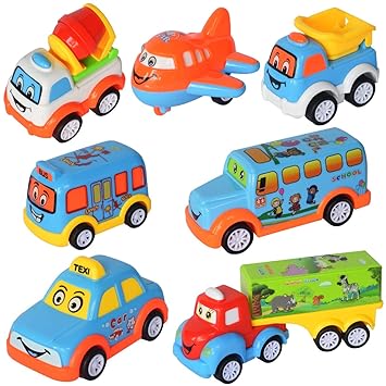 WISHKEY Plastic Toy Car for Kids, Power Friction Pull Back, Push and Go Car, Cute Crawling Miniature Vehicle Toy for Toddler Kids 3 Years & Above (Pack of 7, Multicolor)