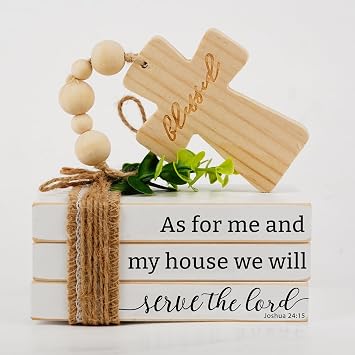 Mini Christian Bible Verse Tiered Tray Decor, Scripture Signs, As For Me and My House We Will Serve The Lord, Wood Stacked Books with Bead Tassels and Cross daztbible02
