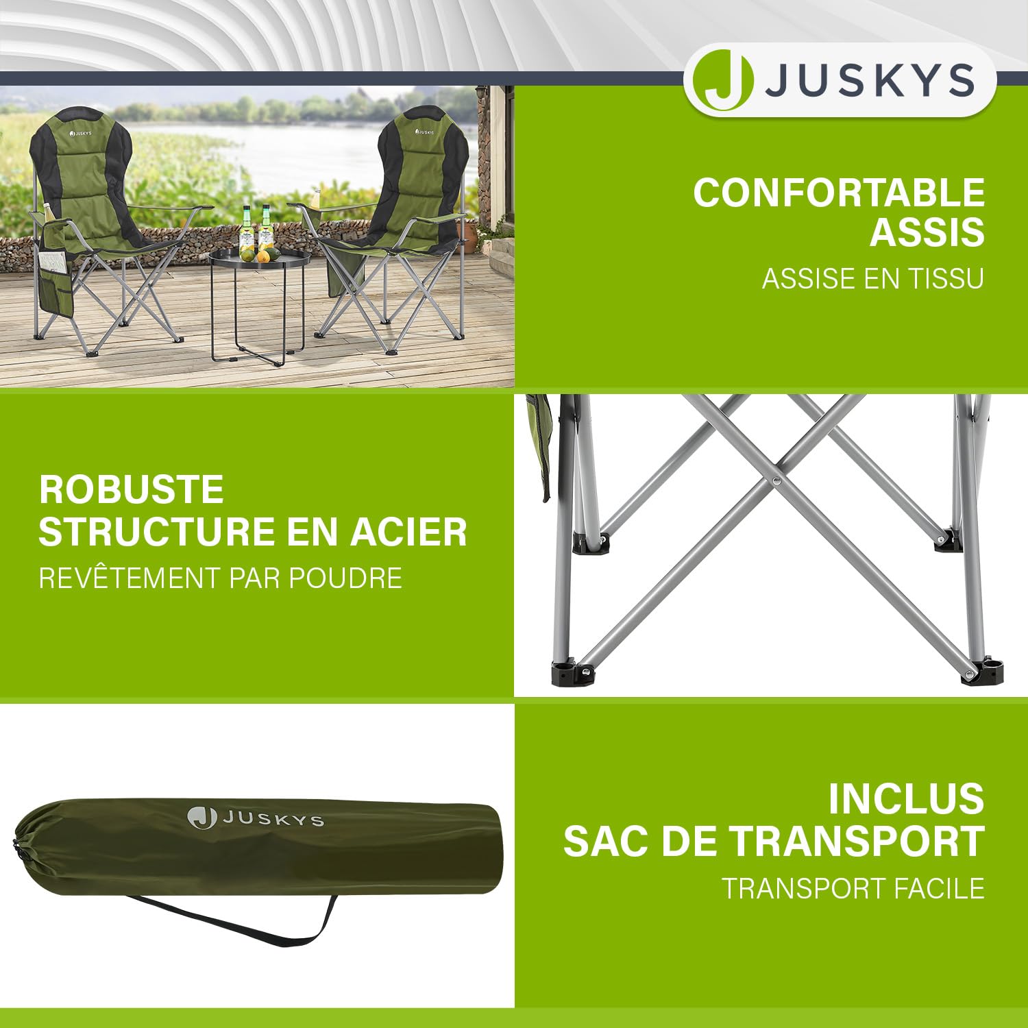 Juskys Chaise de Camping Lido Pliable avec Porte-gobelet, Poche latérale et Sac de Transport - Chaise de Camping Pliante rembourrée avec accoudoir et Dossier - Vert