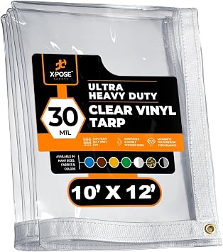 10 x 12 Clear Vinyl Tarp - 30 Mil Super Heavy Duty Transparent Waterproof PVC Tarpaulin with Brass Grommets - for Patio Enclosure, Temporary Wall, Camping, Tent Cover, Canopy - by Xpose Safety