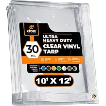 10 x 12 Clear Vinyl Tarp - 30 Mil Super Heavy Duty Transparent Waterproof PVC Tarpaulin with Brass Grommets - for Patio Enclosure, Temporary Wall, Camping, Tent Cover, Canopy - by Xpose Safety