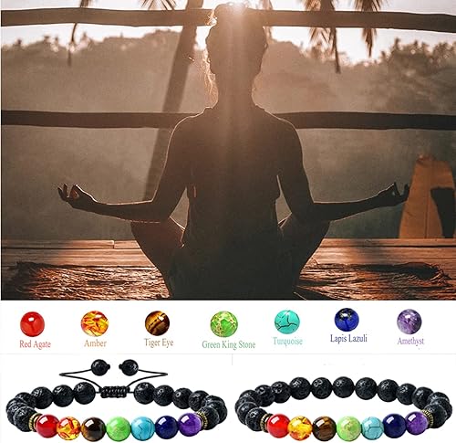 Miniatura 6 de HEDQFM 2 pulseras de chakras, piedra de lava y piedra de roca, aromaterapia, difusor de aceite esencial, pulsera ajustable tejida y pulsera de